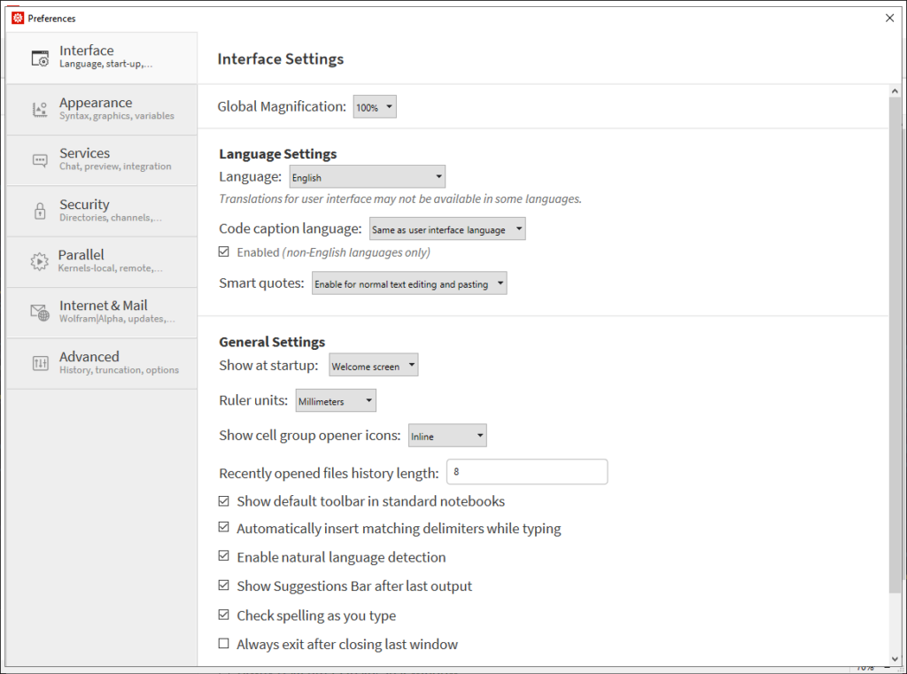 Mathematica Interface settings