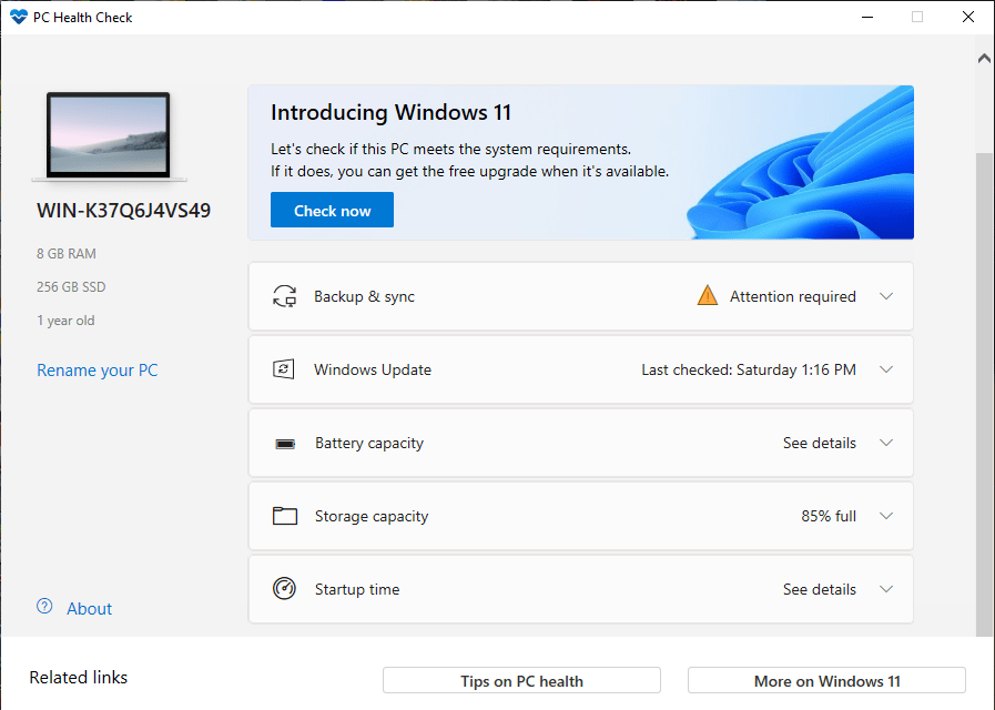 PC Health Check Main window