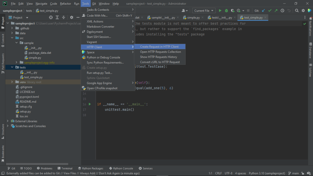 PyCharm Create request in HTTP client 