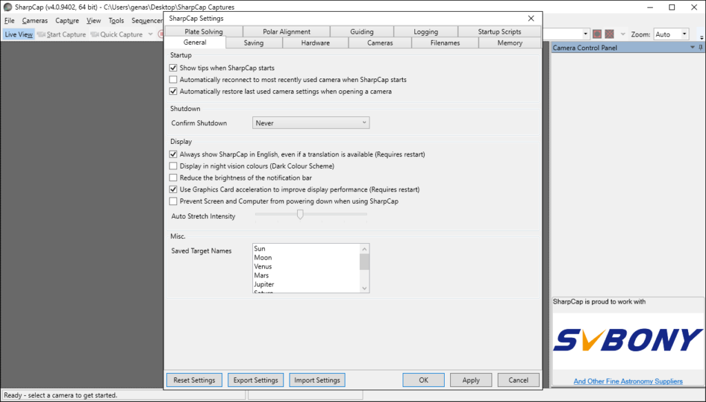 SharpCap General settings