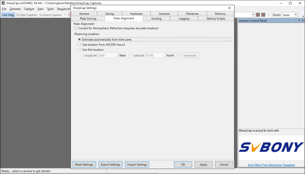 SharpCap Polar alignment parameters