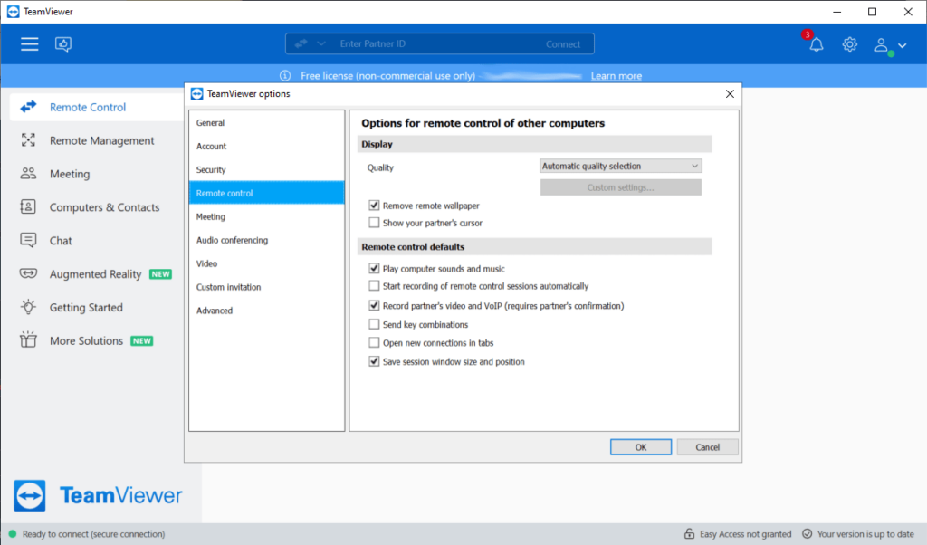 TeamViewer Remote control settings