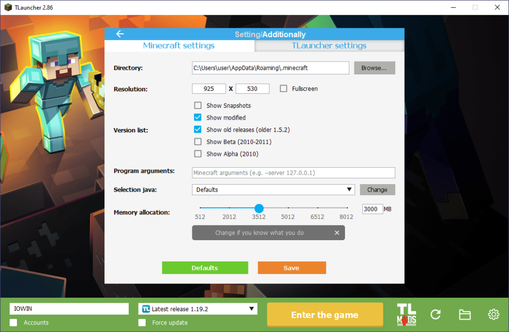 TLauncher Game settings