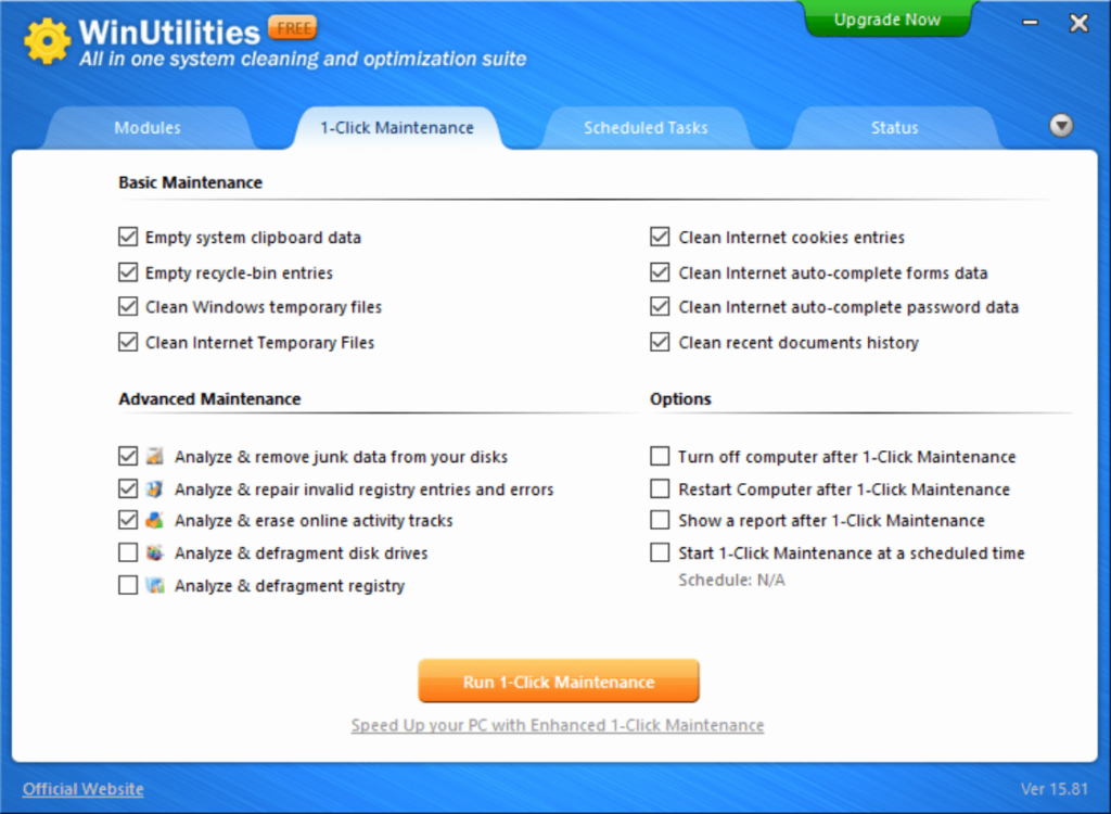 WinUtilities Maintenance options