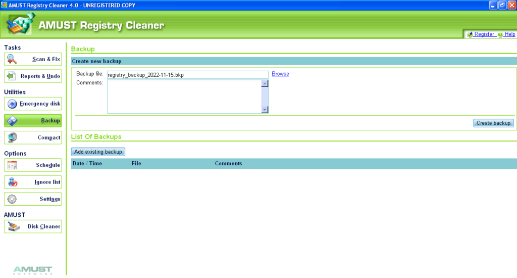 Amust Registry Cleaner Backup