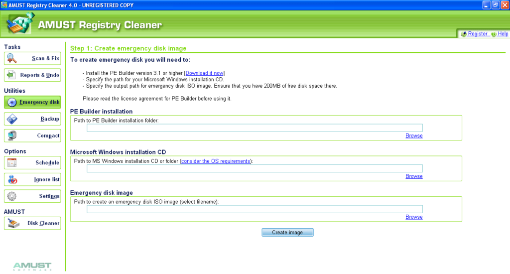 Amust Registry Cleaner Create emergency disk image