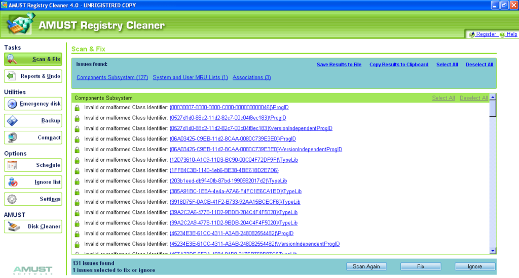 Amust Registry Cleaner Scan and fix