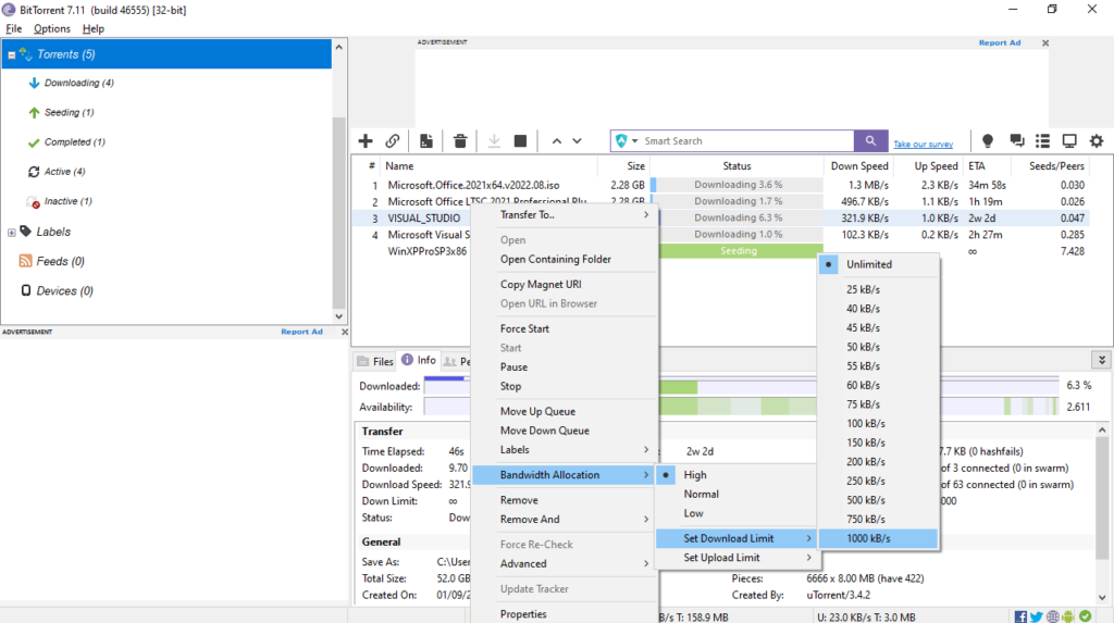 BitTorrent Set download limit