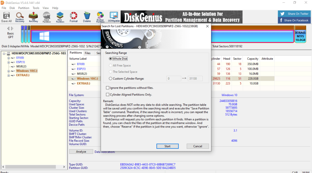 DiskGenius Search for lost partitions