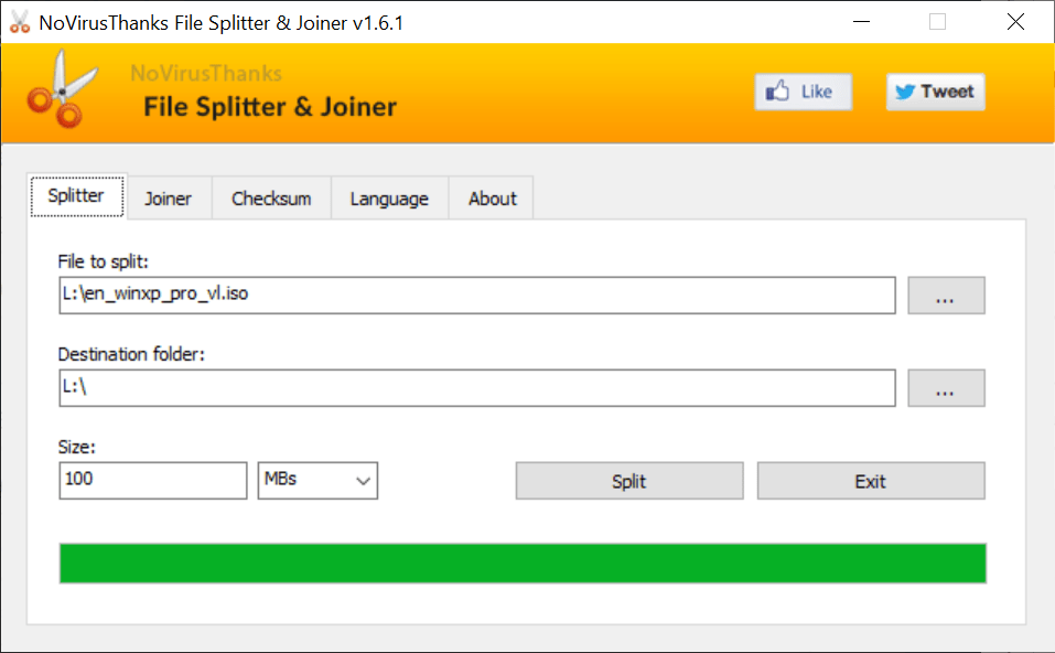 File Splitter and Joiner Spliting settings
