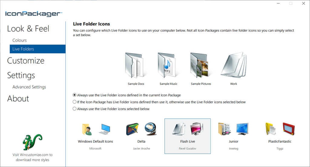 IconPackager Live Folder options