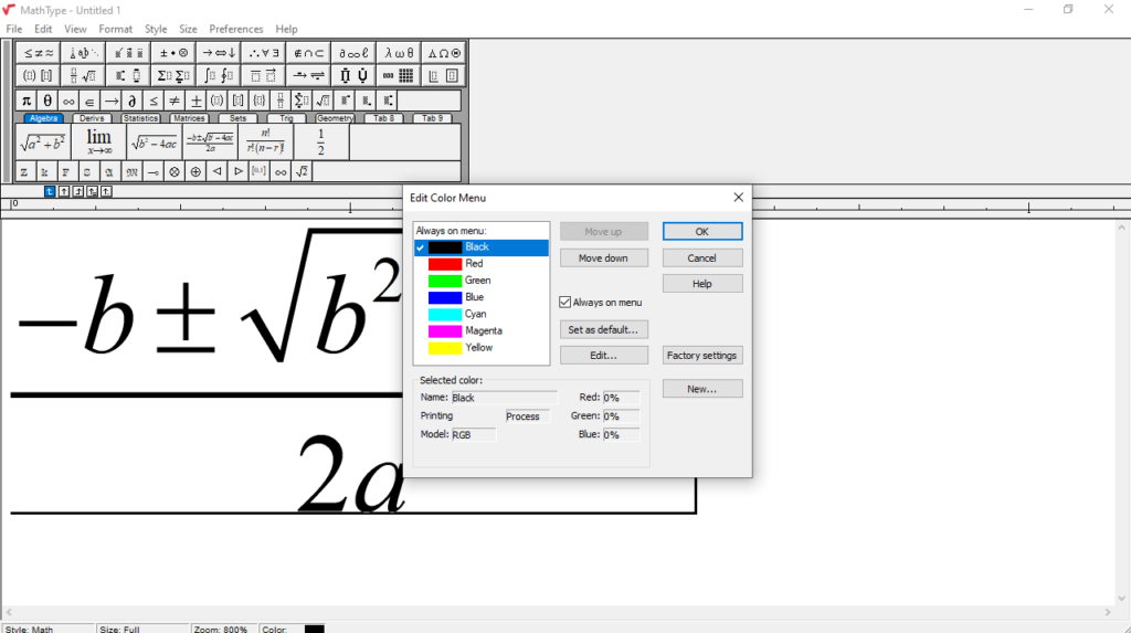 MathType Edit color menu