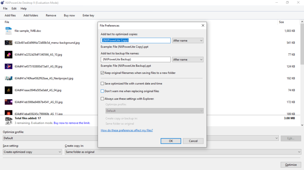 NXPowerLite File preferences