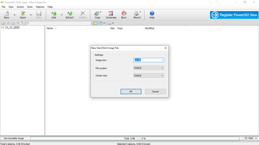 PowerISO New hard disk image file