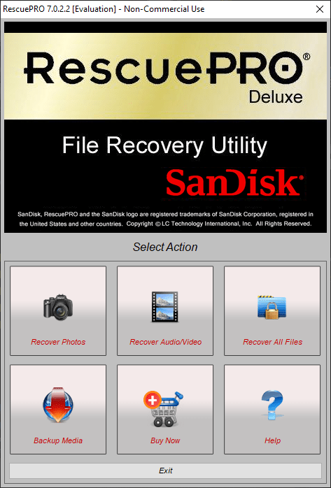 SanDisk RescuePRO Main menu
