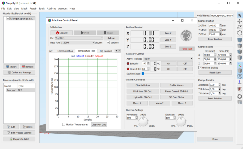 Simplify3D Machine control panel