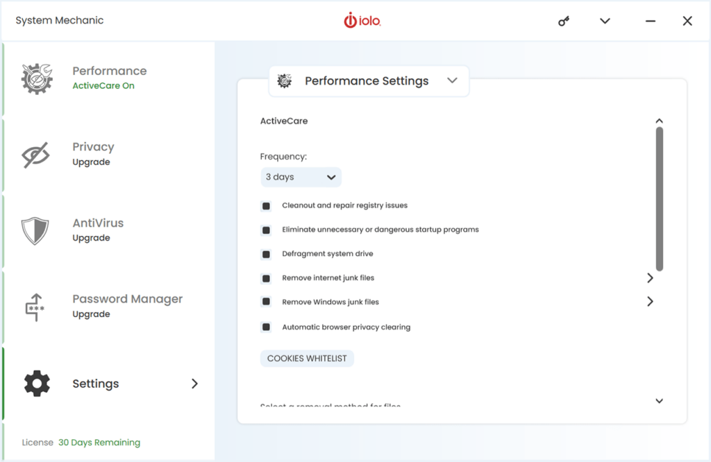 System Mechanic Performance settings