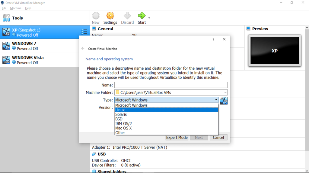 VirtualBox Select operating system