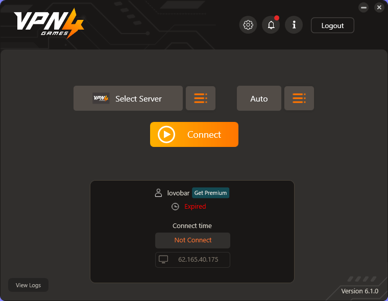 VPN4Games Main menu