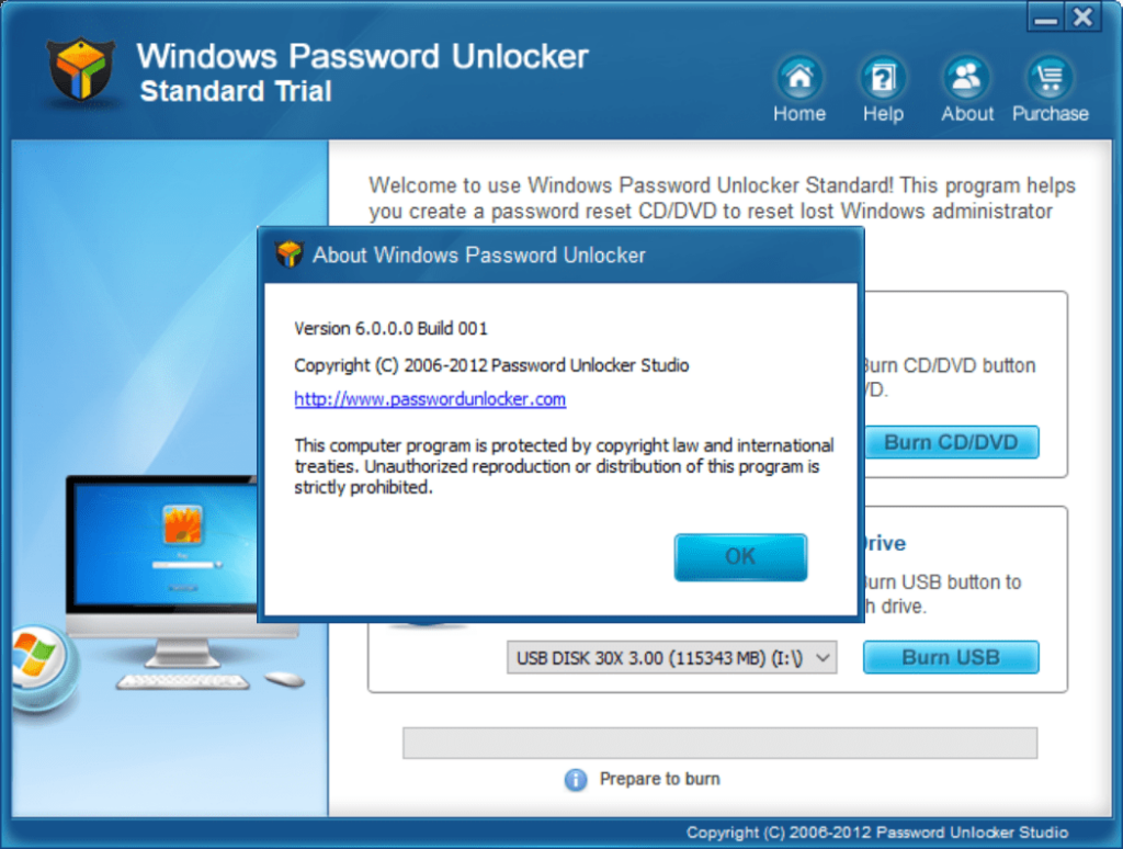Windows Password Unlocker About screen