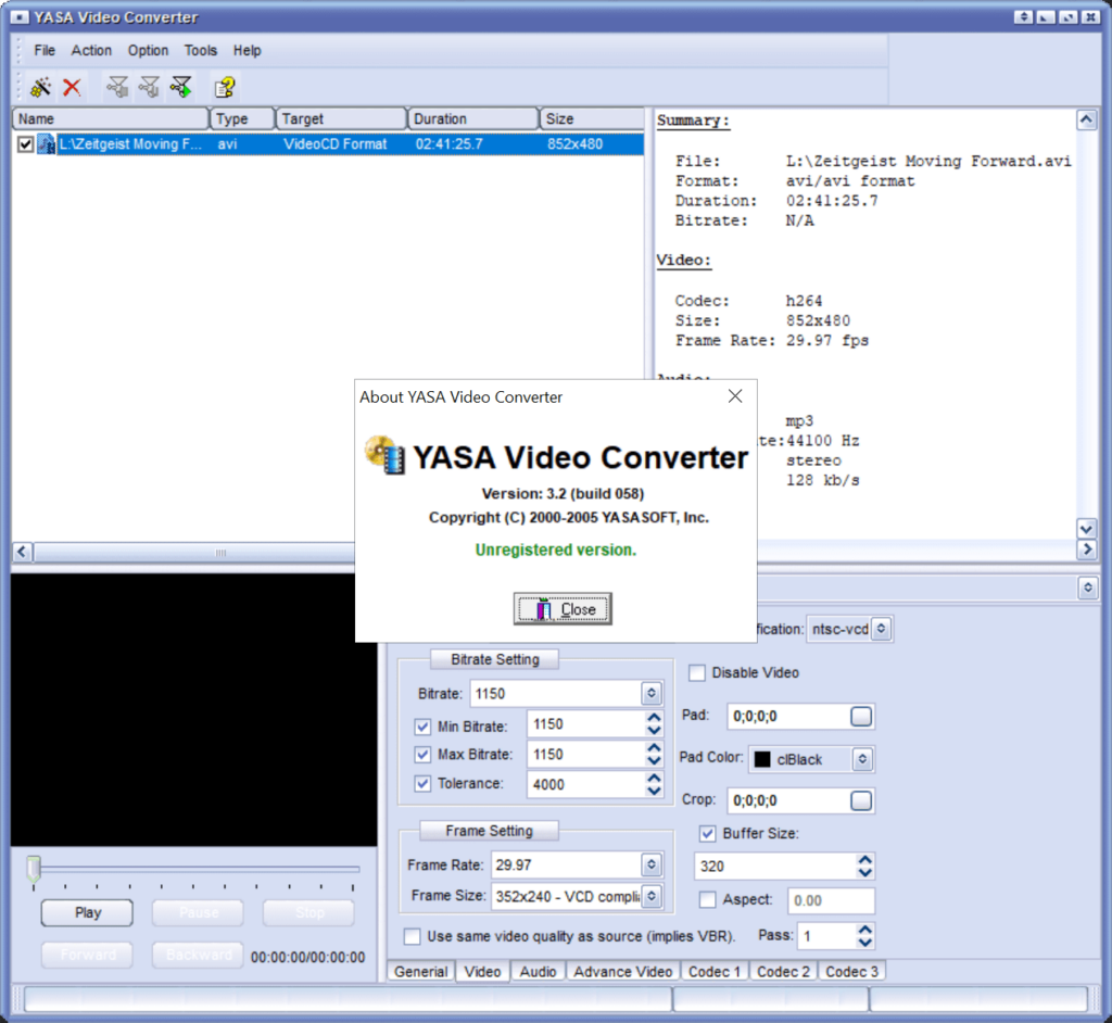 Yasa Video Converter About screen