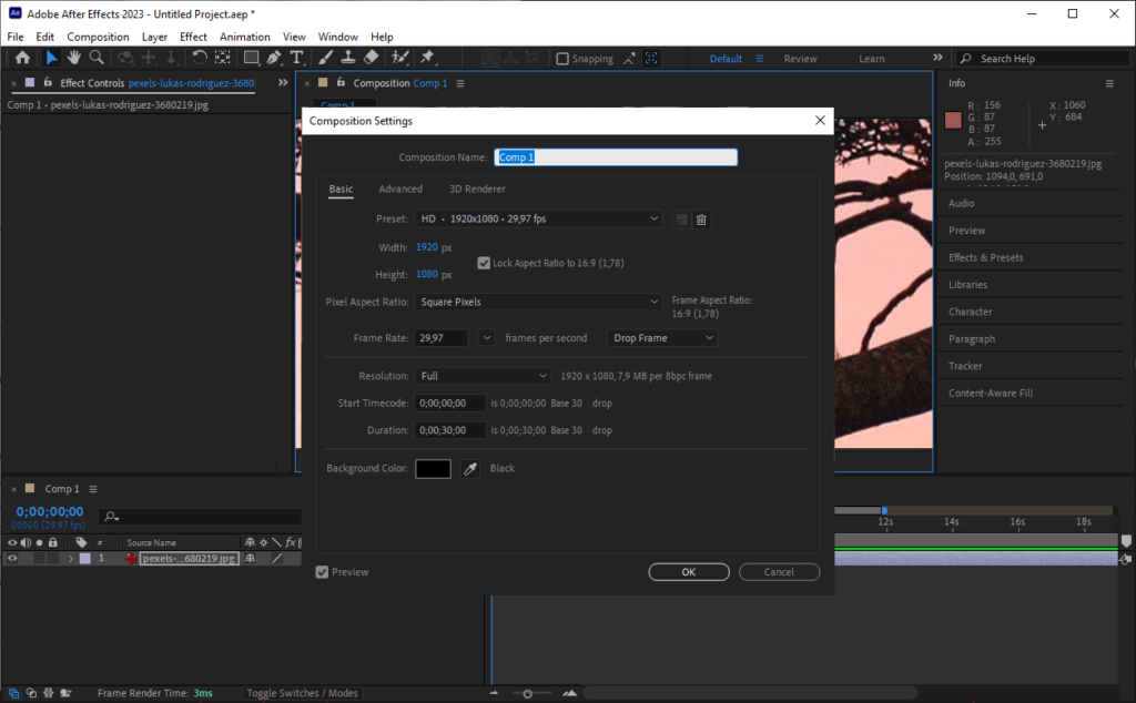 Adobe After Effects Composition settings
