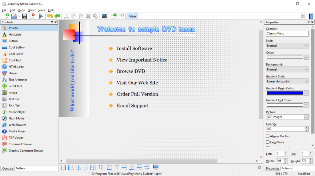 AutoPlay Menu Builder Editor window