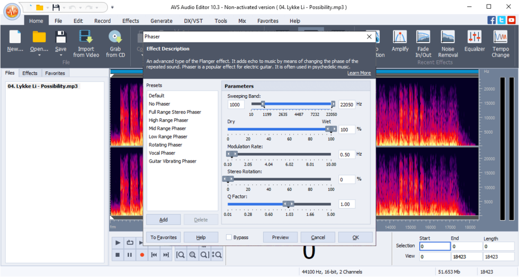 AVS Audio Editor Phaser effect settings