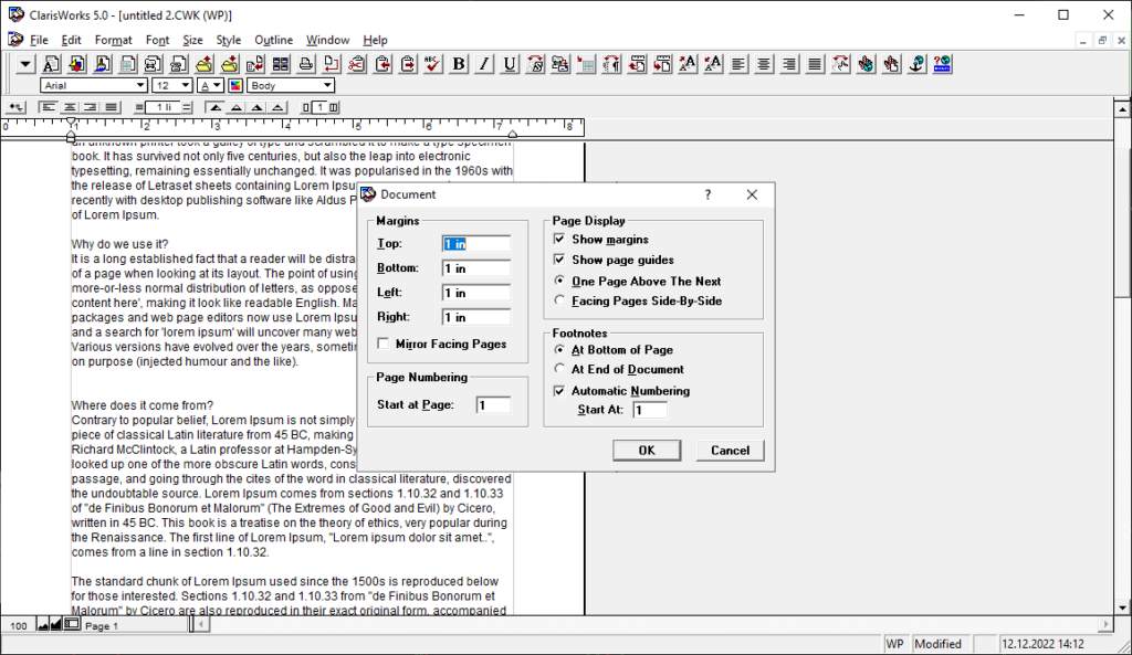 ClarisWorks Document settings