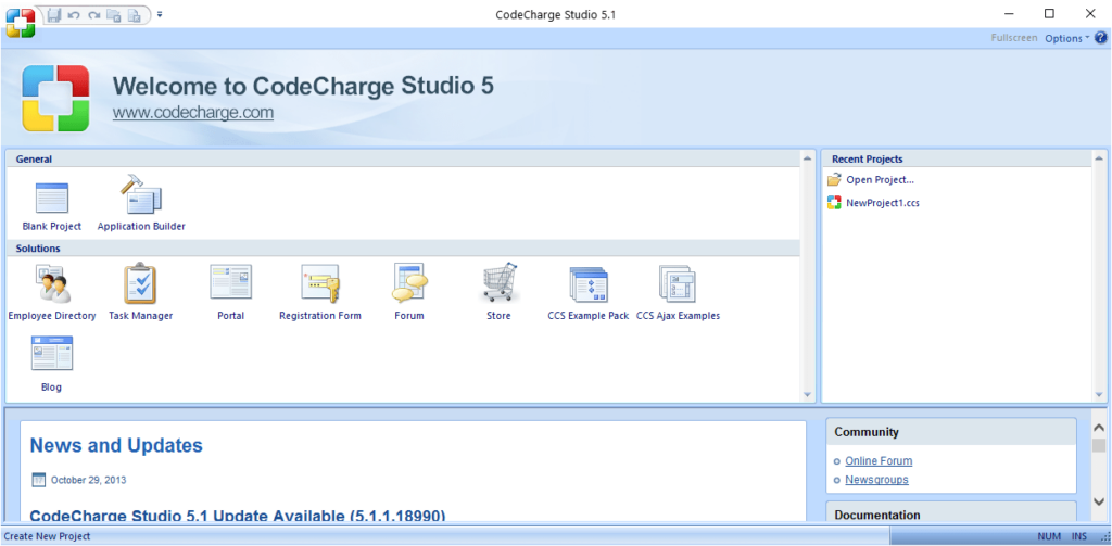 CodeCharge Studio Welcome page