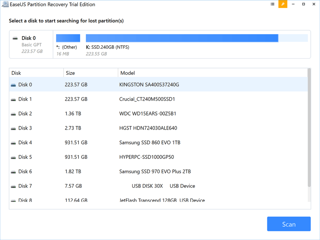 EaseUS Partition Recovery Drive selection