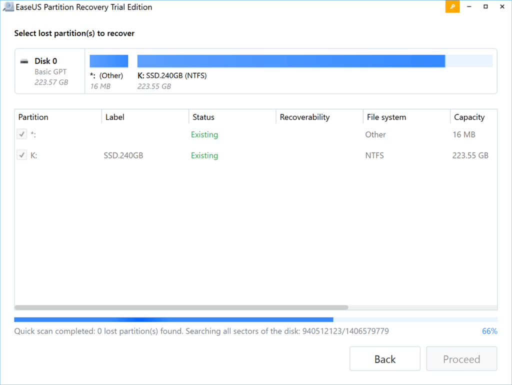 EaseUS Partition Recovery Scan results