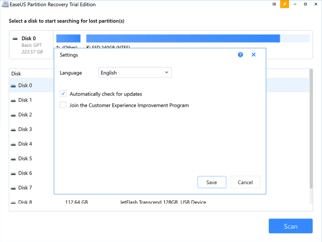 EaseUS Partition Recovery Settings