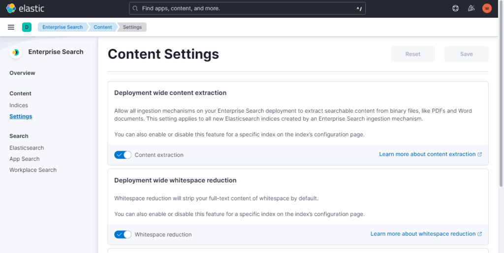 Elasticsearch Content settings