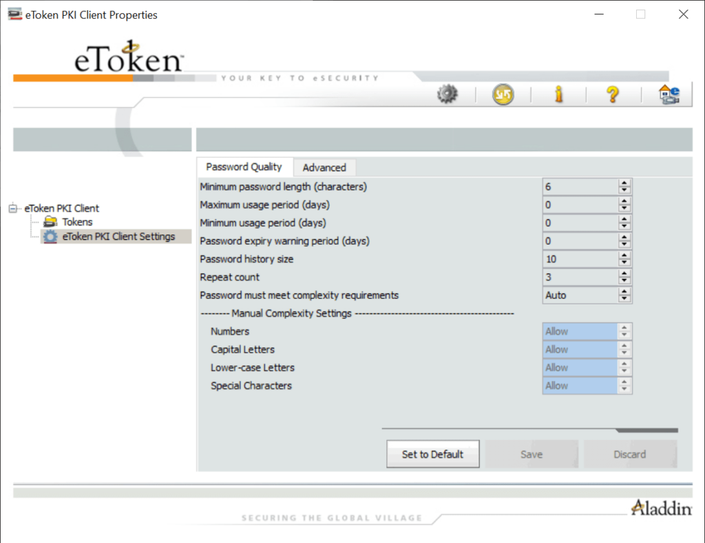 eToken PKI Client Password settings