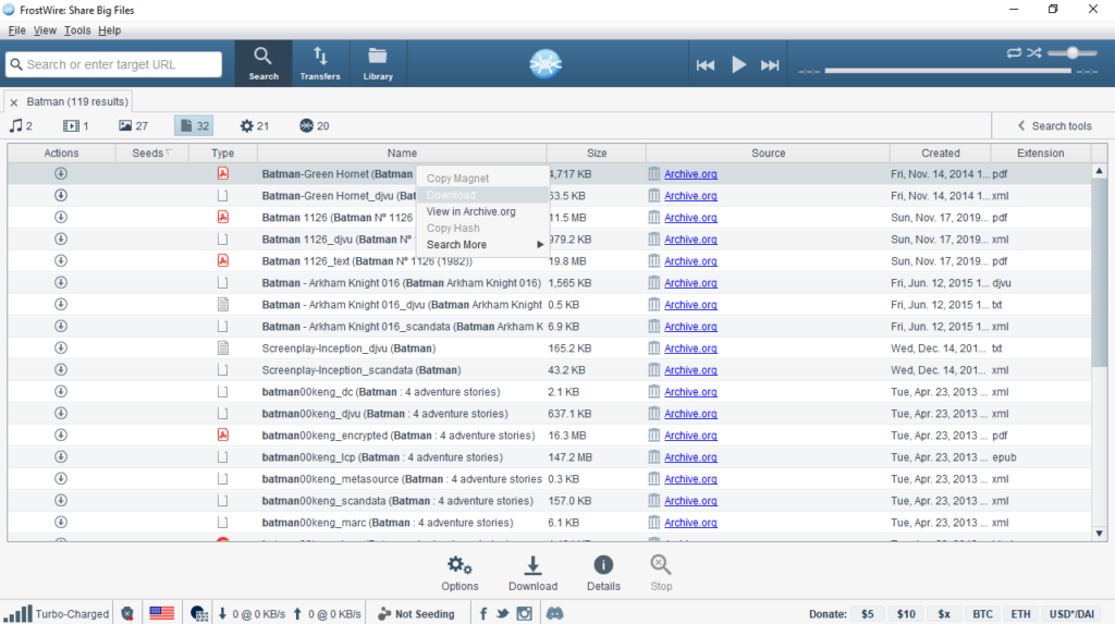 FrostWire Download files and copy magnet links