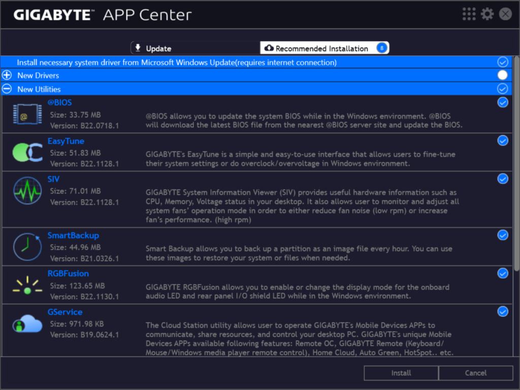 GIGABYTE APP Center Available updates
