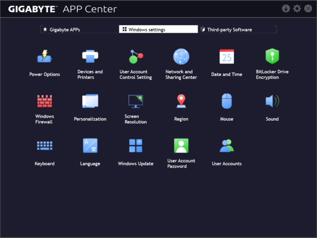 GIGABYTE APP Center Windows settings