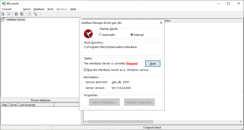InterBase Database startup manager
