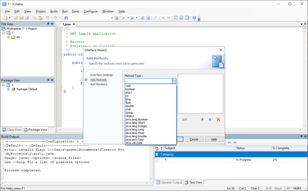 JCreator Available method types