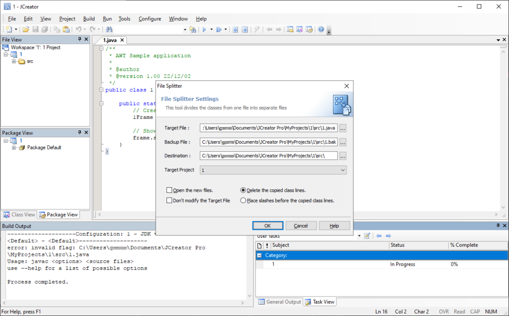 JCreator File splitter