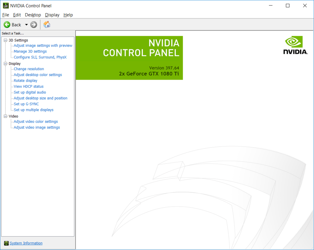 NVIDIA Control Panel Homepage