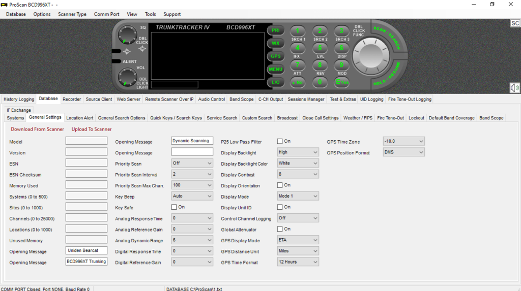 ProScan Database settings