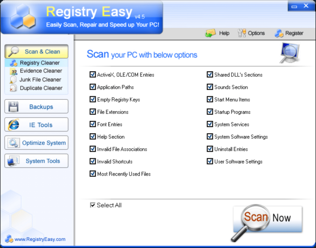 Registry Easy Scan options