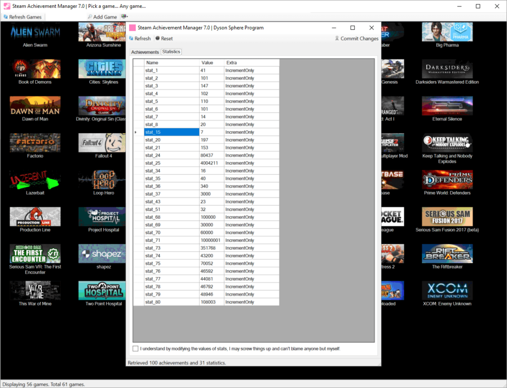Steam Achievement Manager In-game statistics