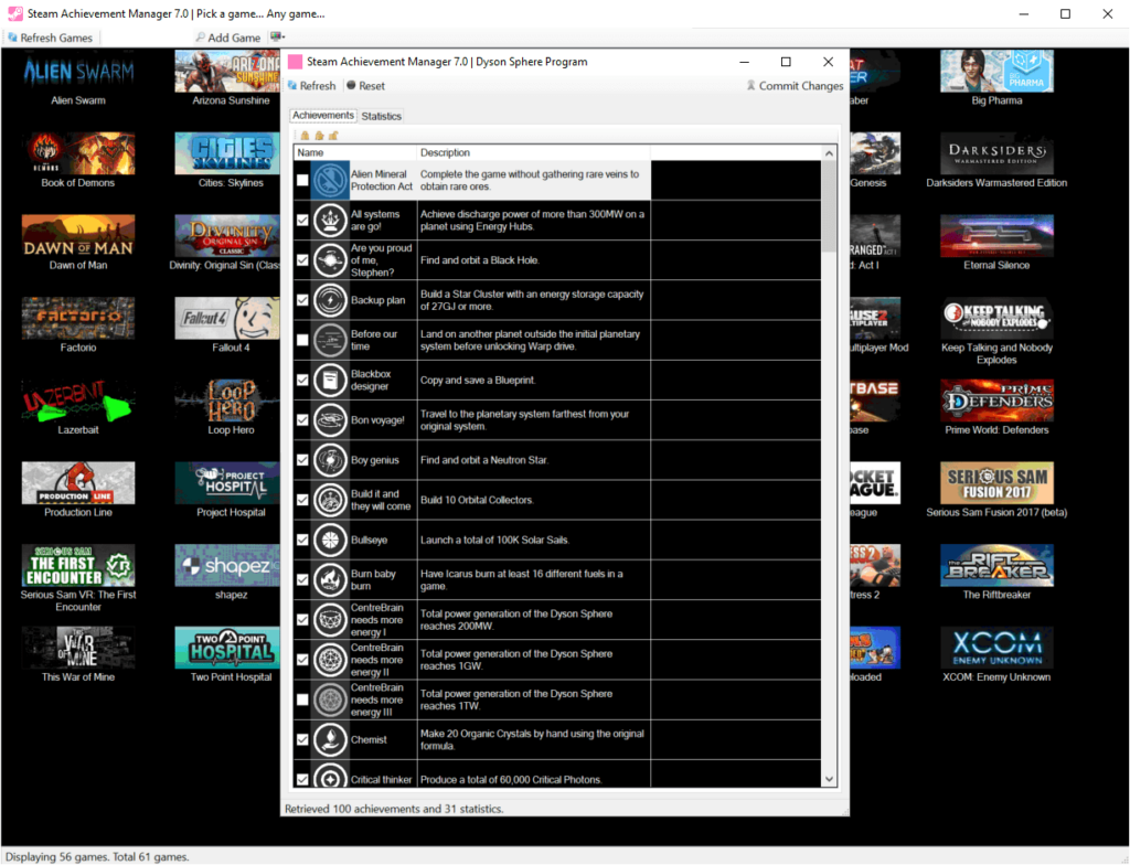 Steam Achievement Manager List of achievements