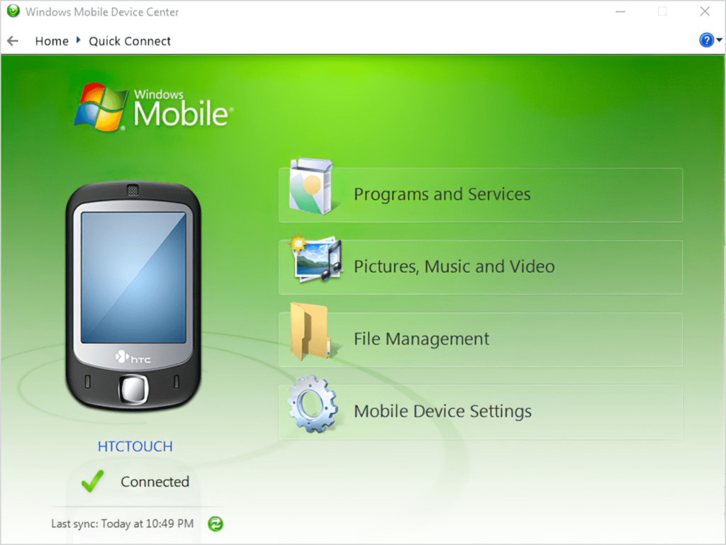 Windows Mobile Device Center Main menu