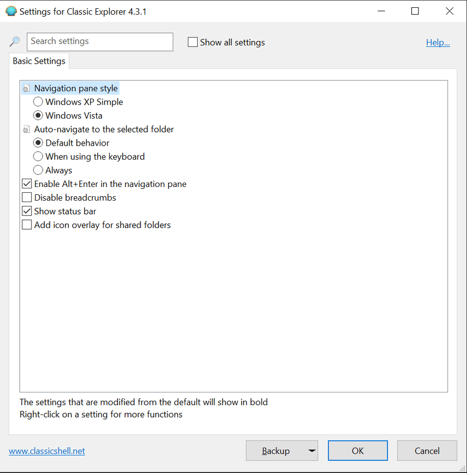 Classic Shell Explorer settings