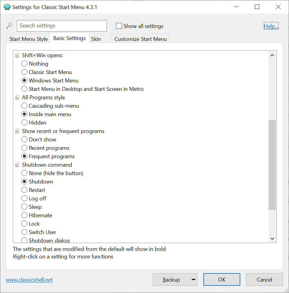 Classic Shell Start menu configuration