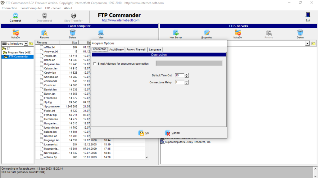 FTP Commander Anonymous connection